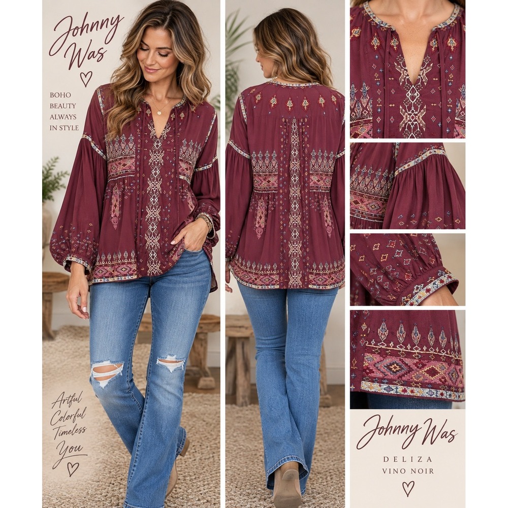 Johnny Was Biya Tunic Top Embroidered Silk Burgundy Boho Peasant XL
